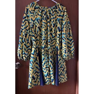 The Get Womens Print Mix Mini Dress Yellow Blue Ikat Long Sleeve Tie Waist L NEW